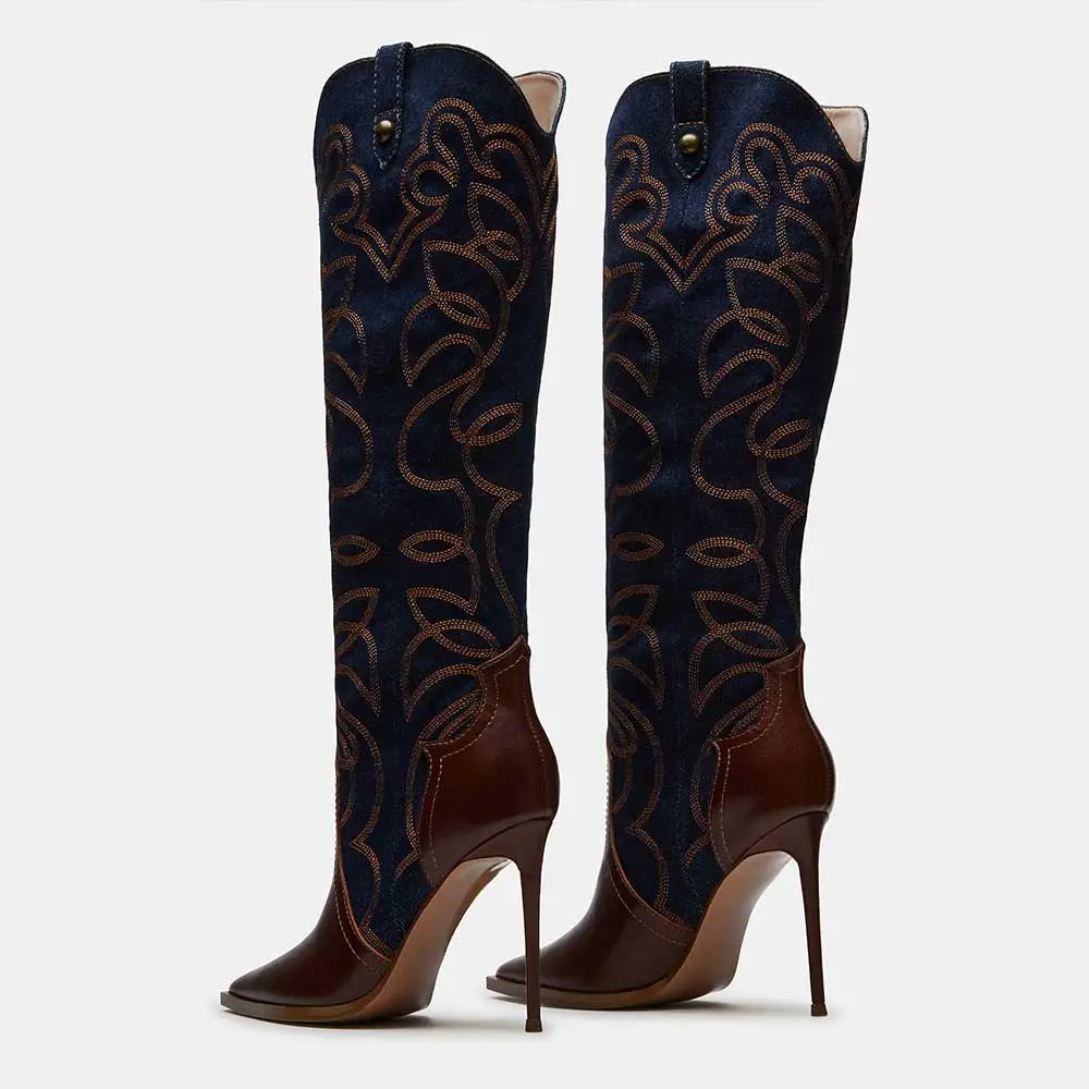 Faux-Leather Denim Embroidered Patchwork Knee-High Boots
