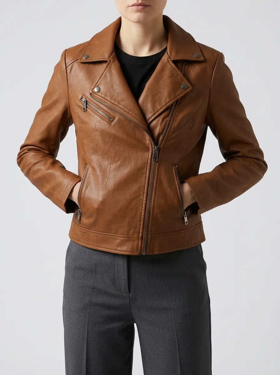 Women's Brown Faux Leather Biker Zippered Jacket with a Chest Pocket