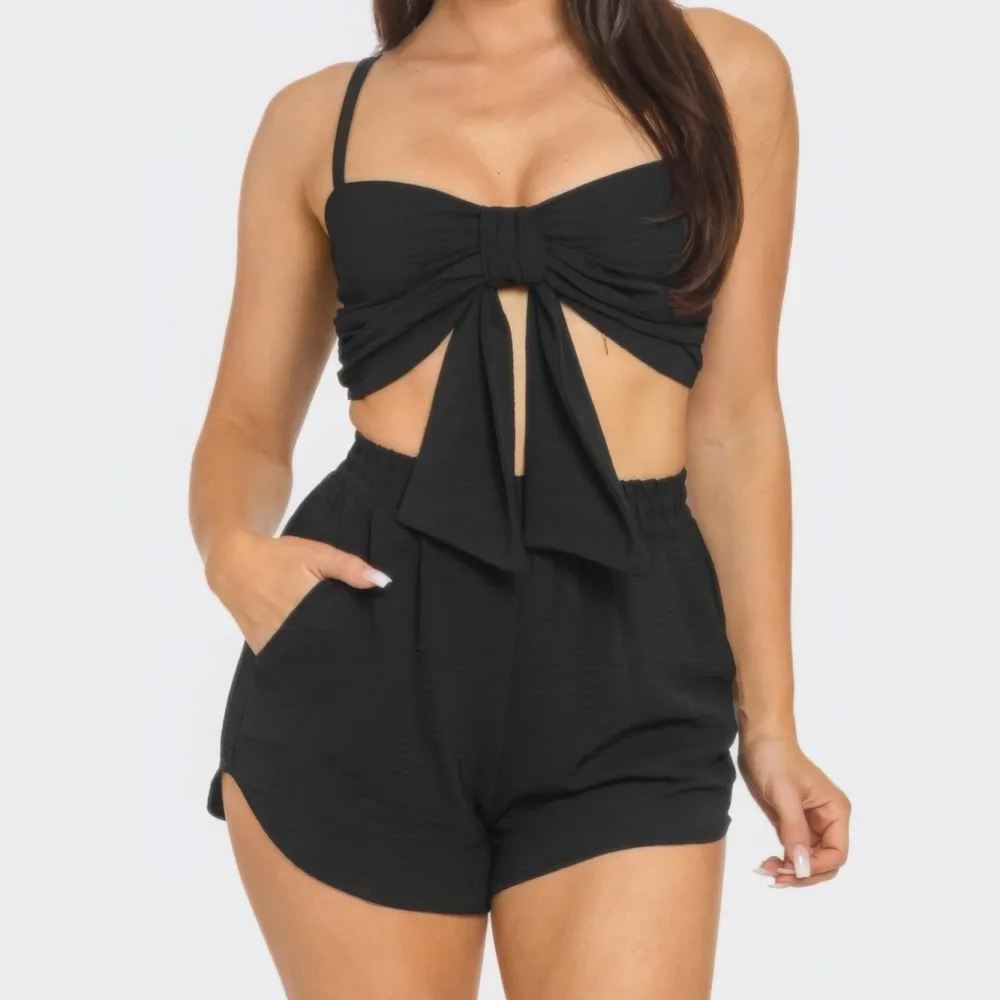 Relaxed Front Oversized Bow Twisted Tie Top And Shorts Set