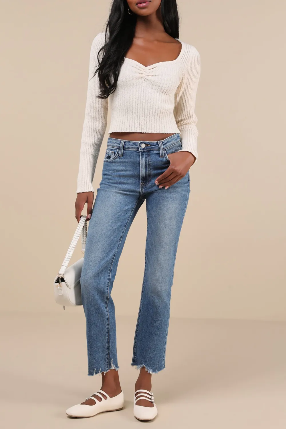 Casual Style High-Waisted Straight-Leg Jeans