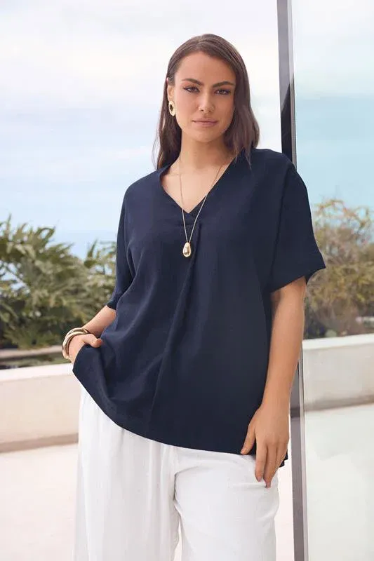Navy Blue Premium Linen Front Pleat Top