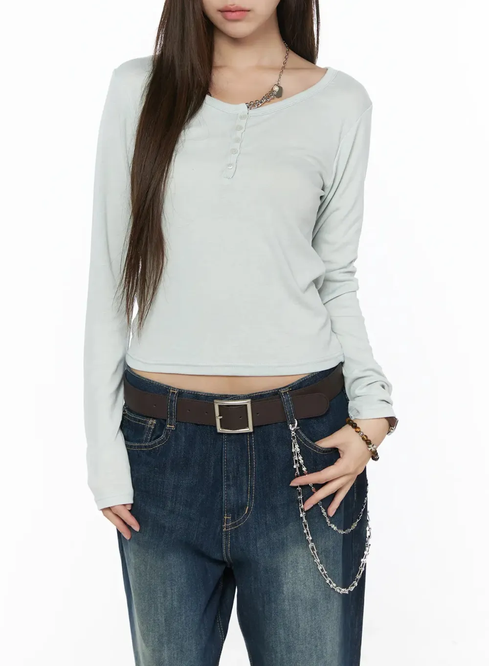 Slim Buttoned Henley Long Sleeve Top