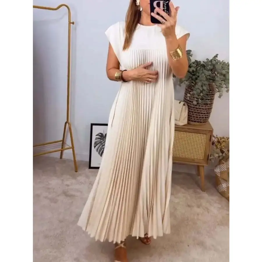 Classic Full Size Pleated Round Neck Maxi Dress Plus Size