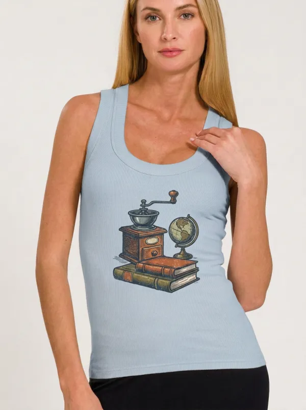 Women's Coffee Lover Bookworm Globe Printed Tank Top
