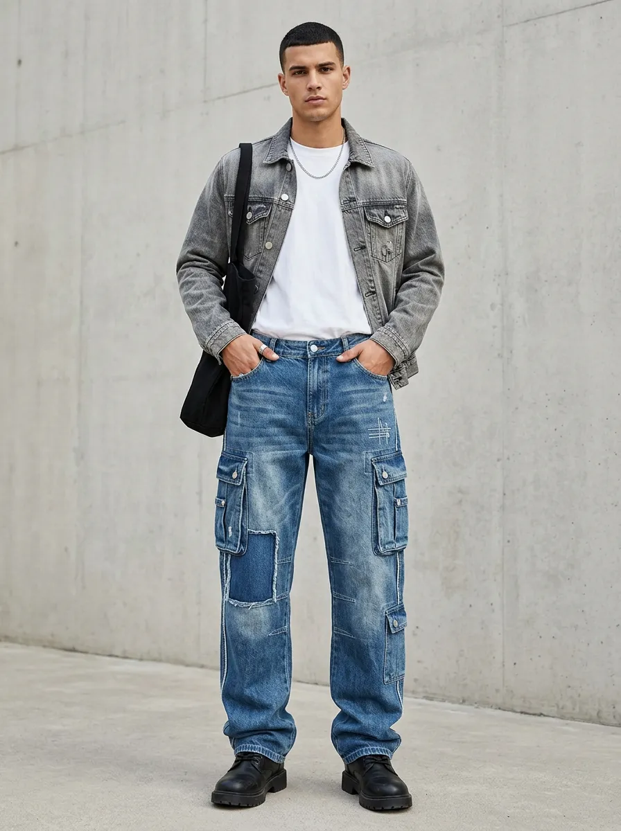 Men's Streetwear Distressed Patchwork Printed Cargo Jeans