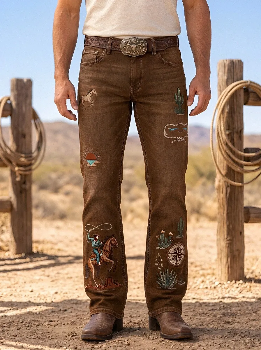 Men's Western Cowboy Horse Cactus Jeans