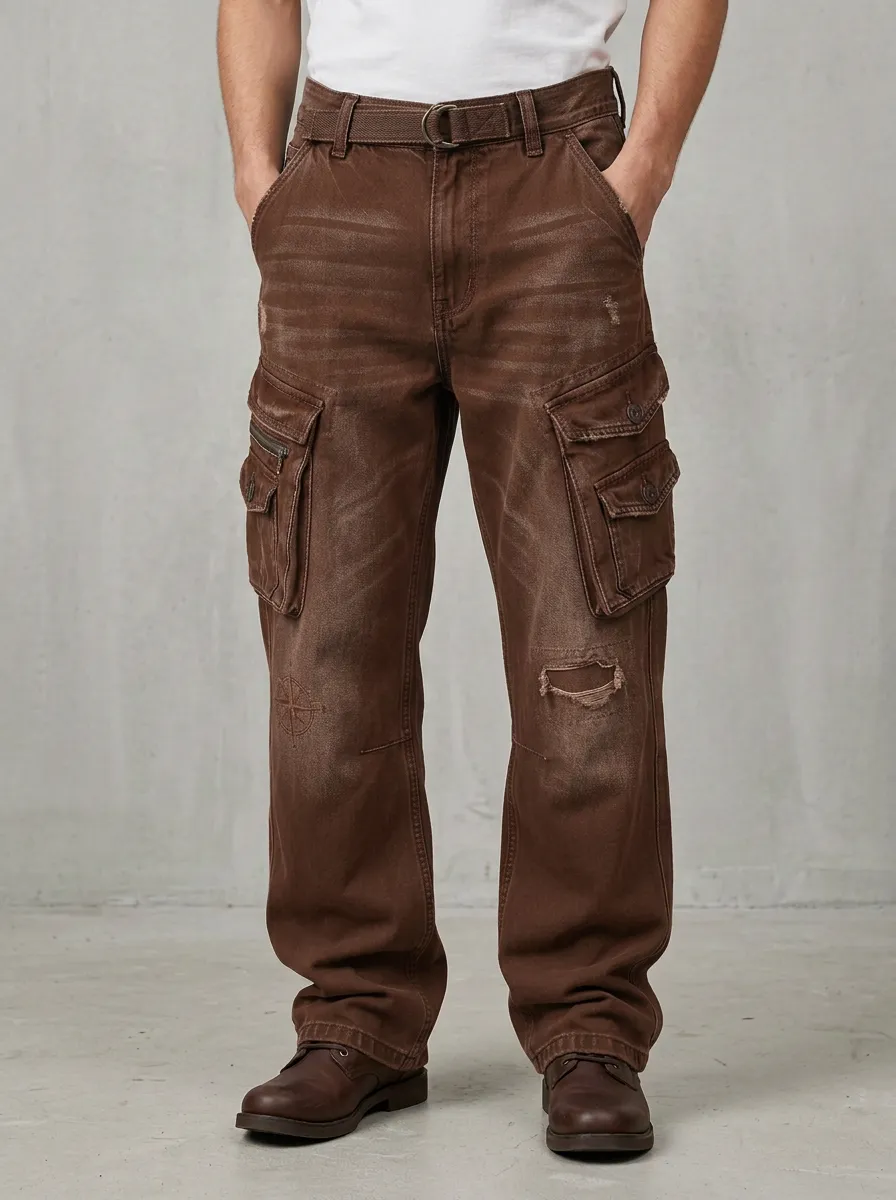 Men's Vintage Compass Distressed Denim Cargo Jeans