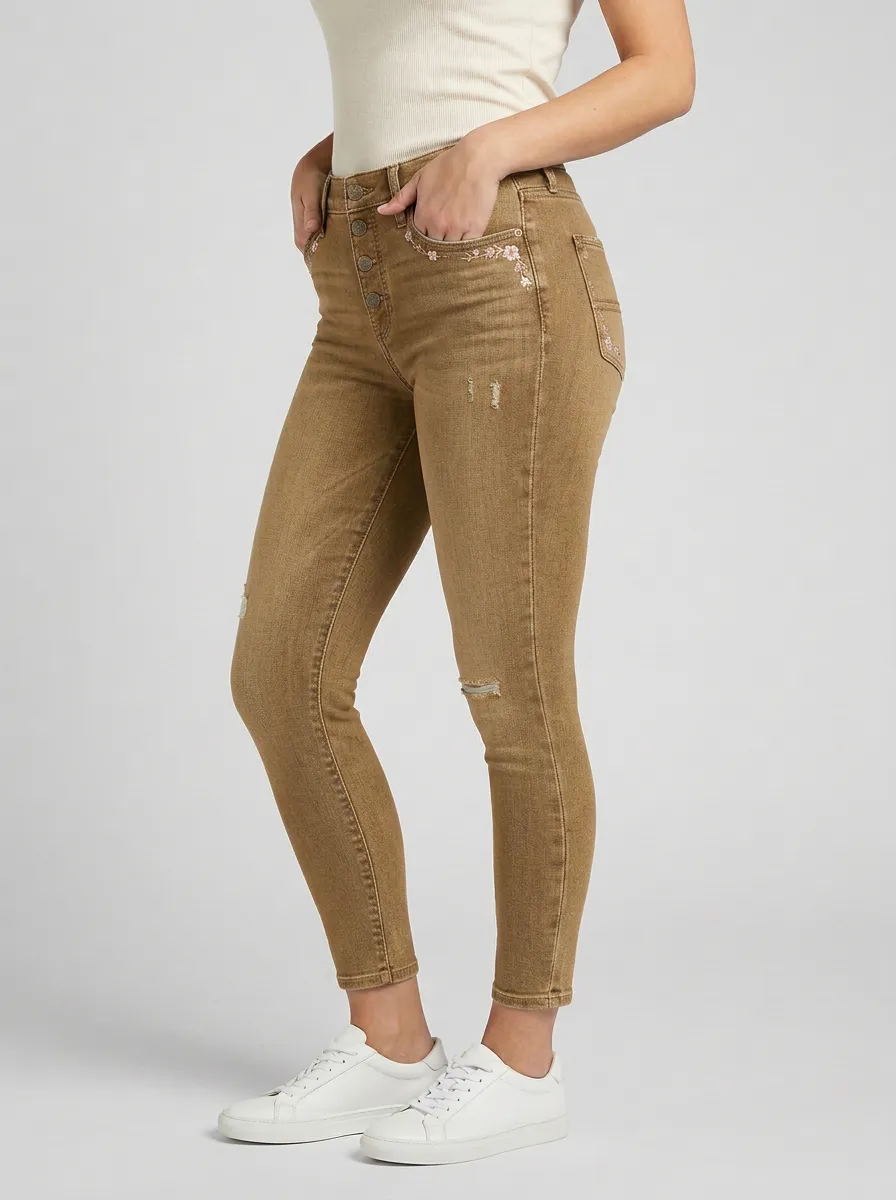 Women's Floral Embroidery Distressed Button-Fly Slim Jeans