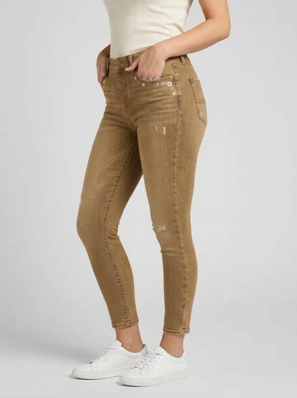 Women's Floral Embroidery Distressed Button-Fly Slim Jeans