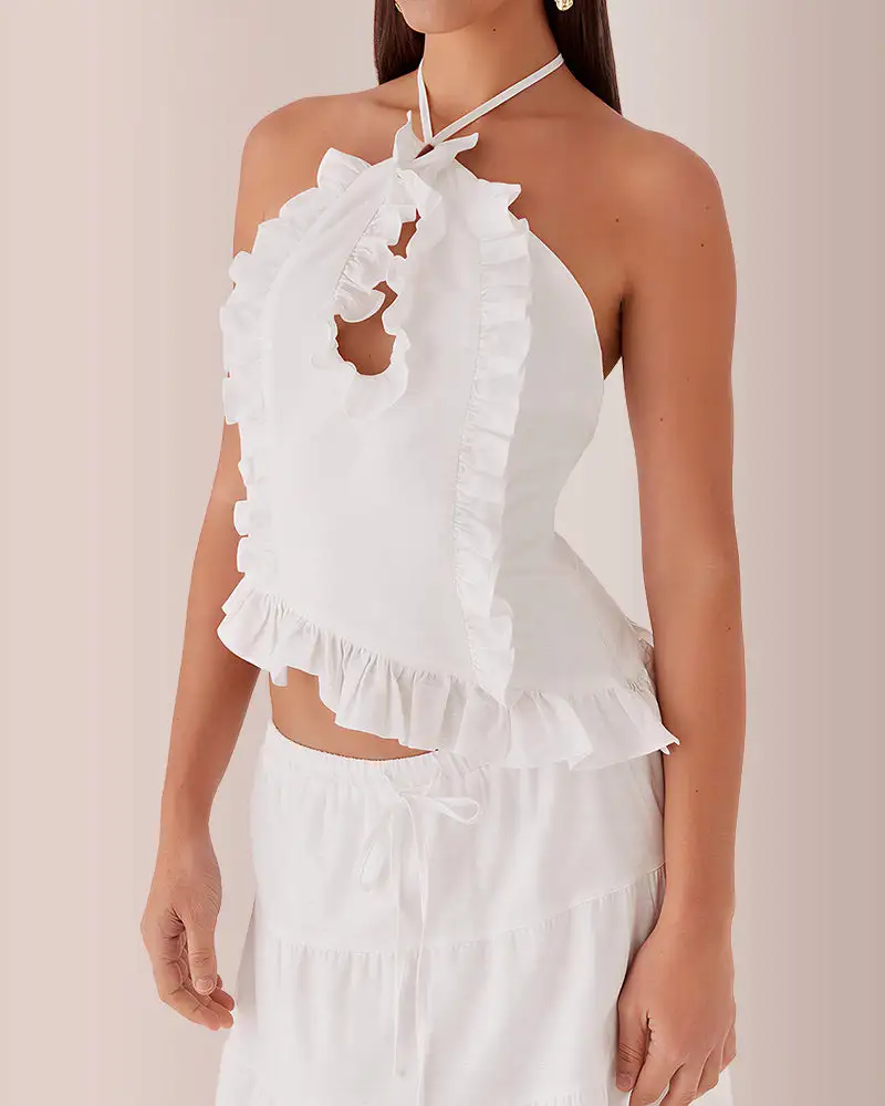 Ruffle Halter Top and Tiered Maxi Skirt Two-Piece Set