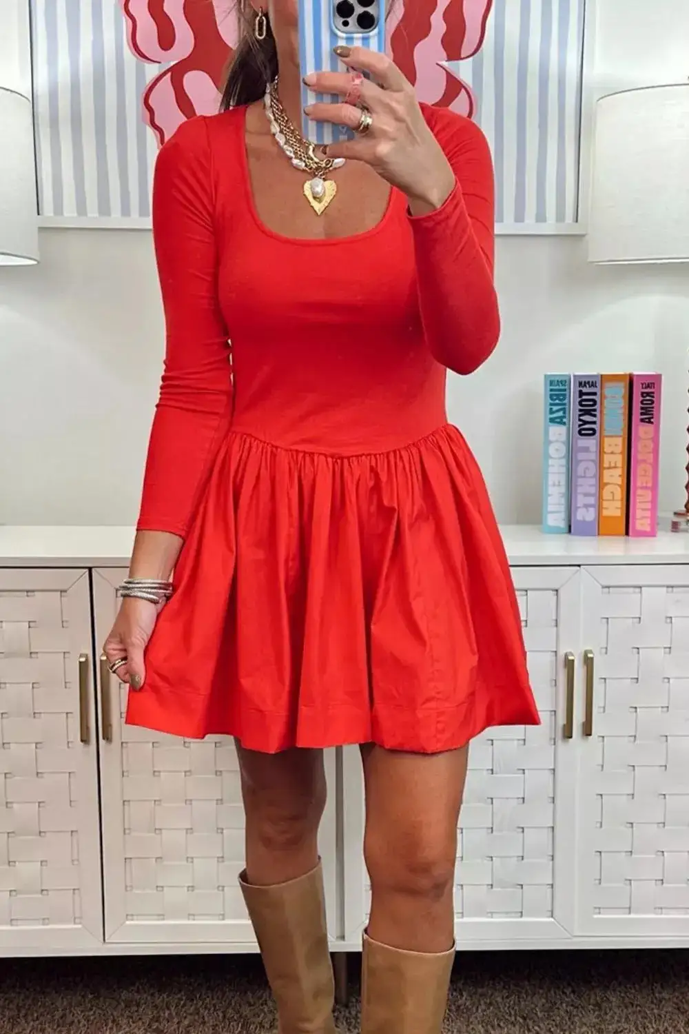 U-Neck Long Sleeve Fit And Flare Mini Dress