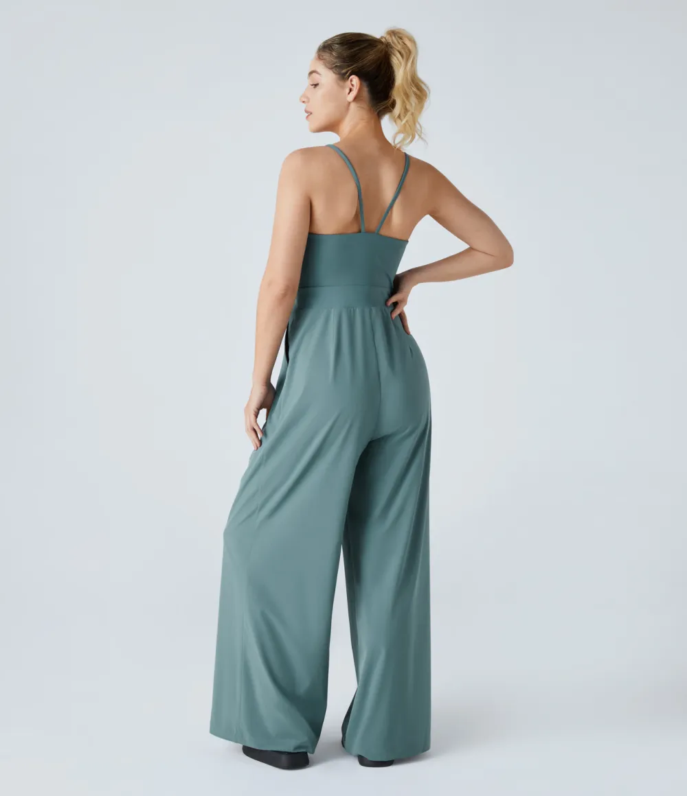 Breezeful Backless Side Invisible Zipper Pocket Wide Leg Quick Dry Resort Slip Jumpsuit