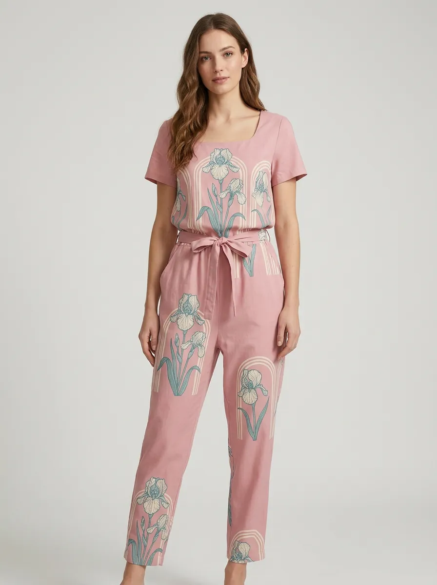 Women's Graphic Floral-Motif Short-Sleeve Jumpsuit