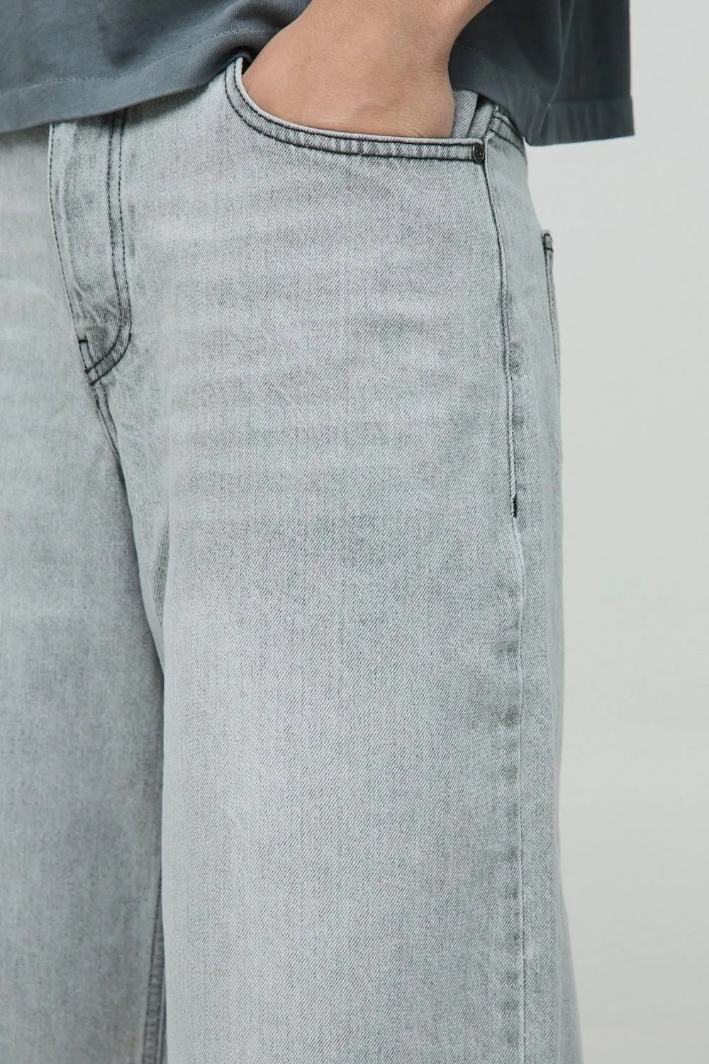 Longline Light Grey Washed Cotton Seven Points Denim Jorts