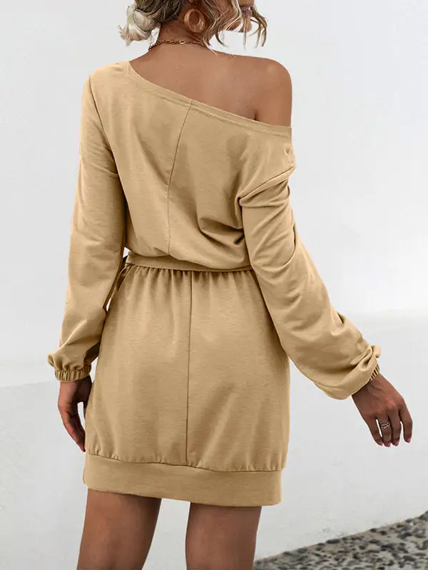 Long Sleeve Relaxed Elasticity Solid Color Tied Waist One Shoulder Mini