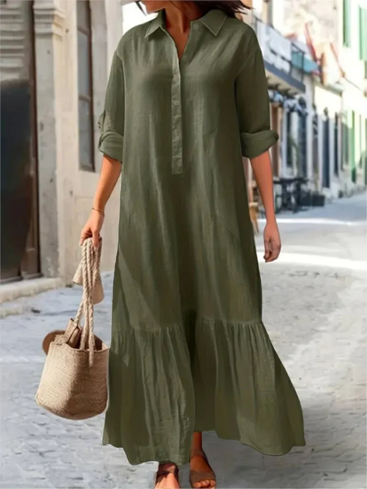 Long Sleeve Ruffled Linen Blend Maxi Dress