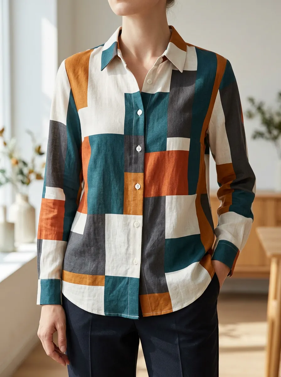 Women's Layered Geometric Colorblock Pattern Shirt