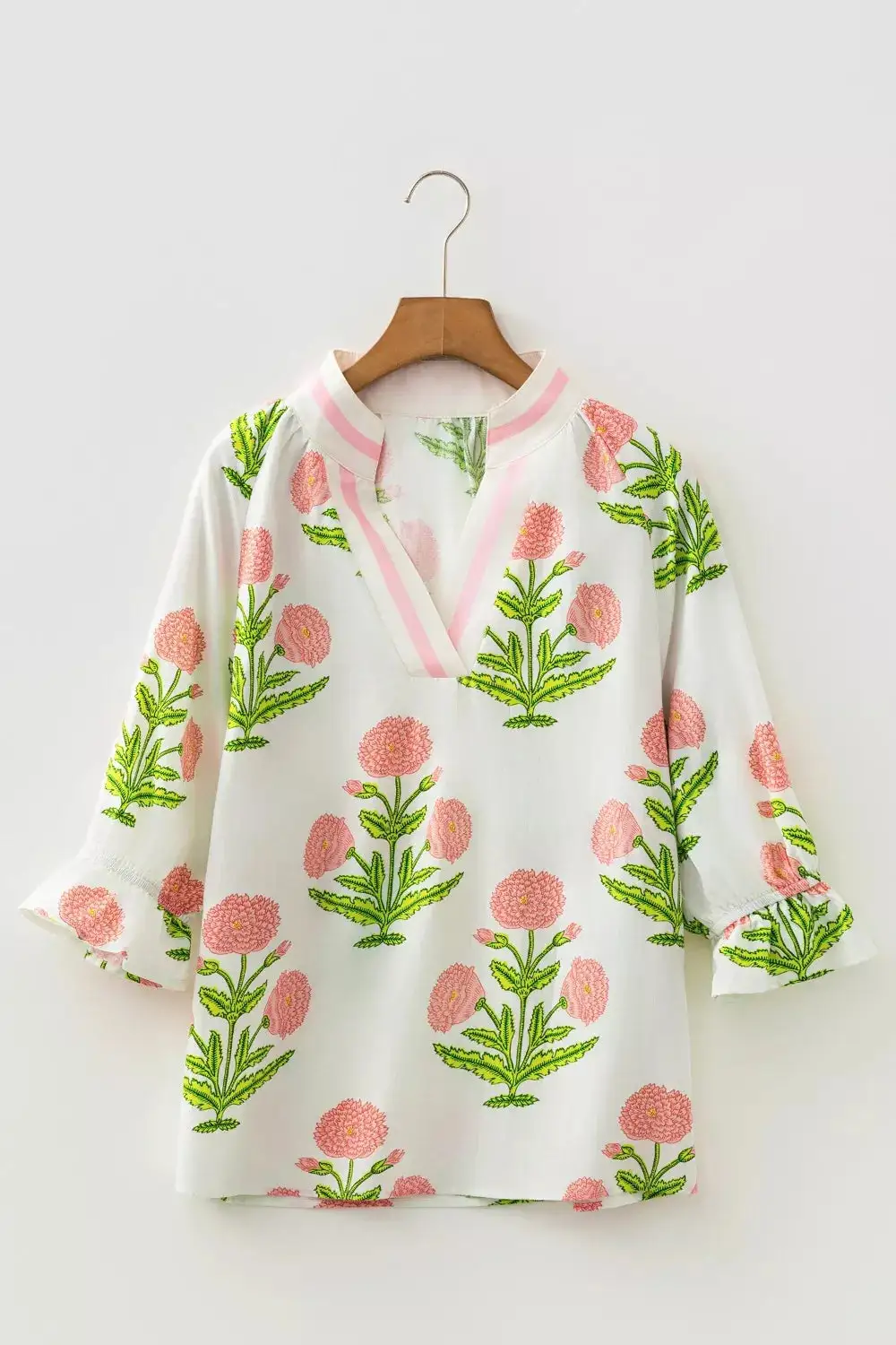 Floral Print Notched Ruffled Sleeve Blouse