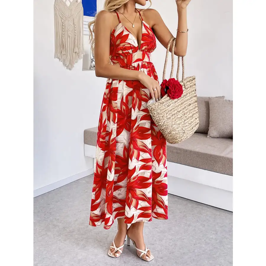 Crisscross Back Printed Midi Dress with Cutout Detail