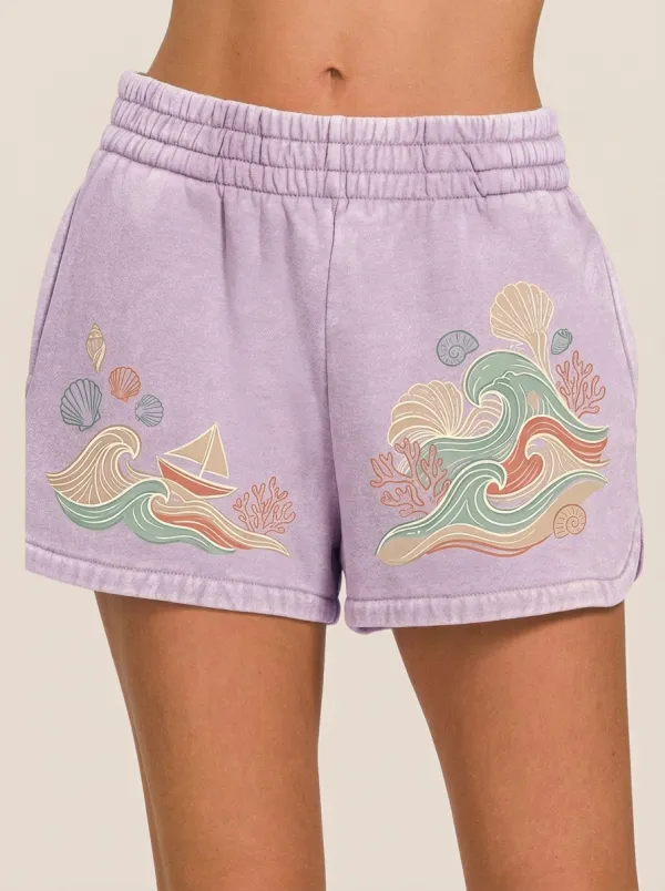 Women's Coastal Ocean Wave Seashell Boat Printed Shorts