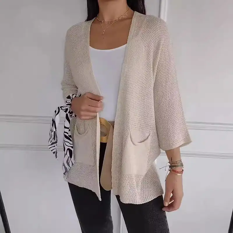 Women's Waffle-Knit Three-Quarter Sleeve Cardigan