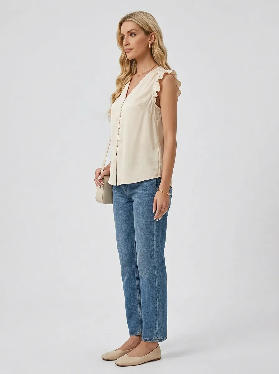 V-Neck Ruffle Sleeve Button Down Blouse