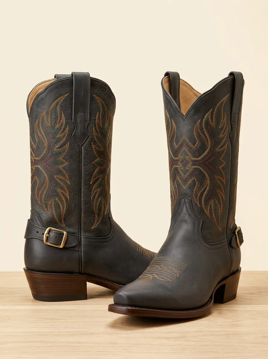 Men's Western Cowboy Embroidered Buckle Strap Western Boots