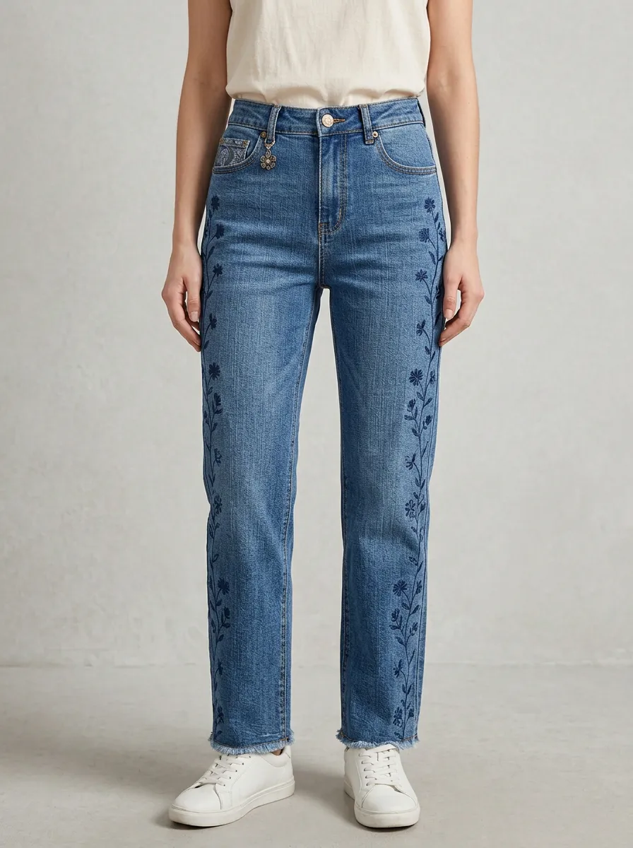 Women's Floral Lover Denim Embroidered Printed Jeans