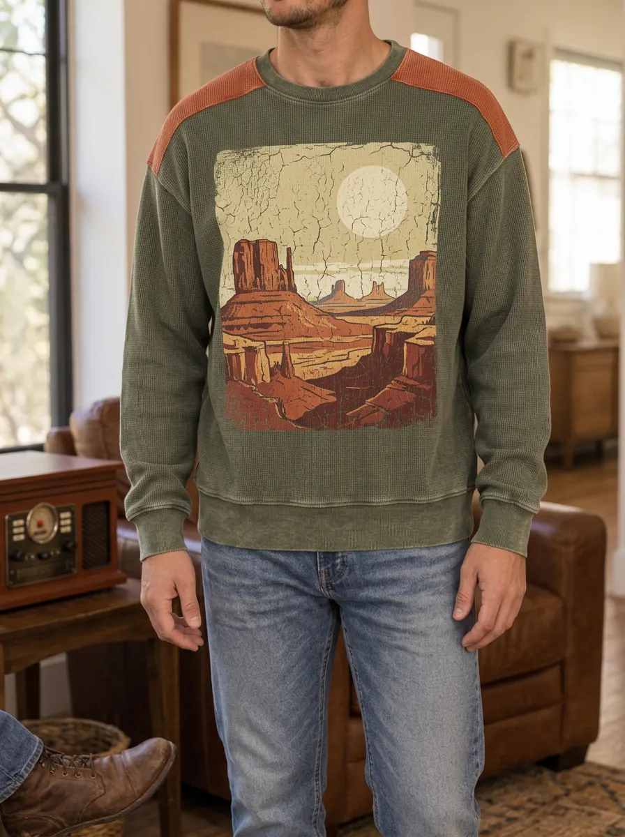 Men's Olive Graphic Waffle Knit Crewneck Sweatshirt