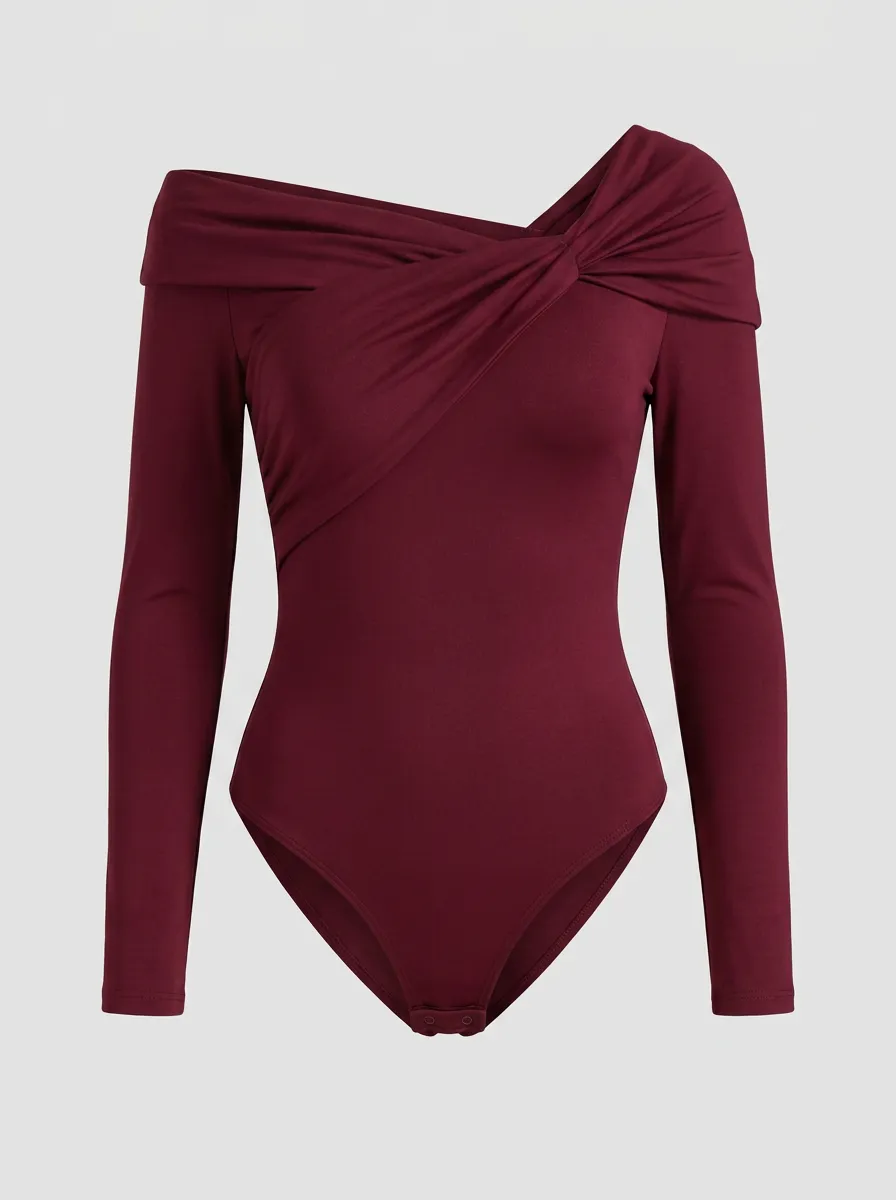 Women's Burgundy Off-Shoulder Twisted Long Sleeve Bodysuit
