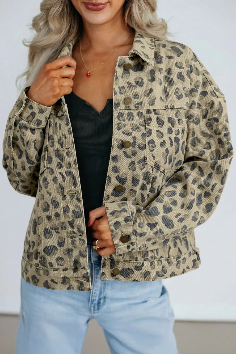 Women's Retro Leopard Print Seam Detail Button Down Denim Jacket