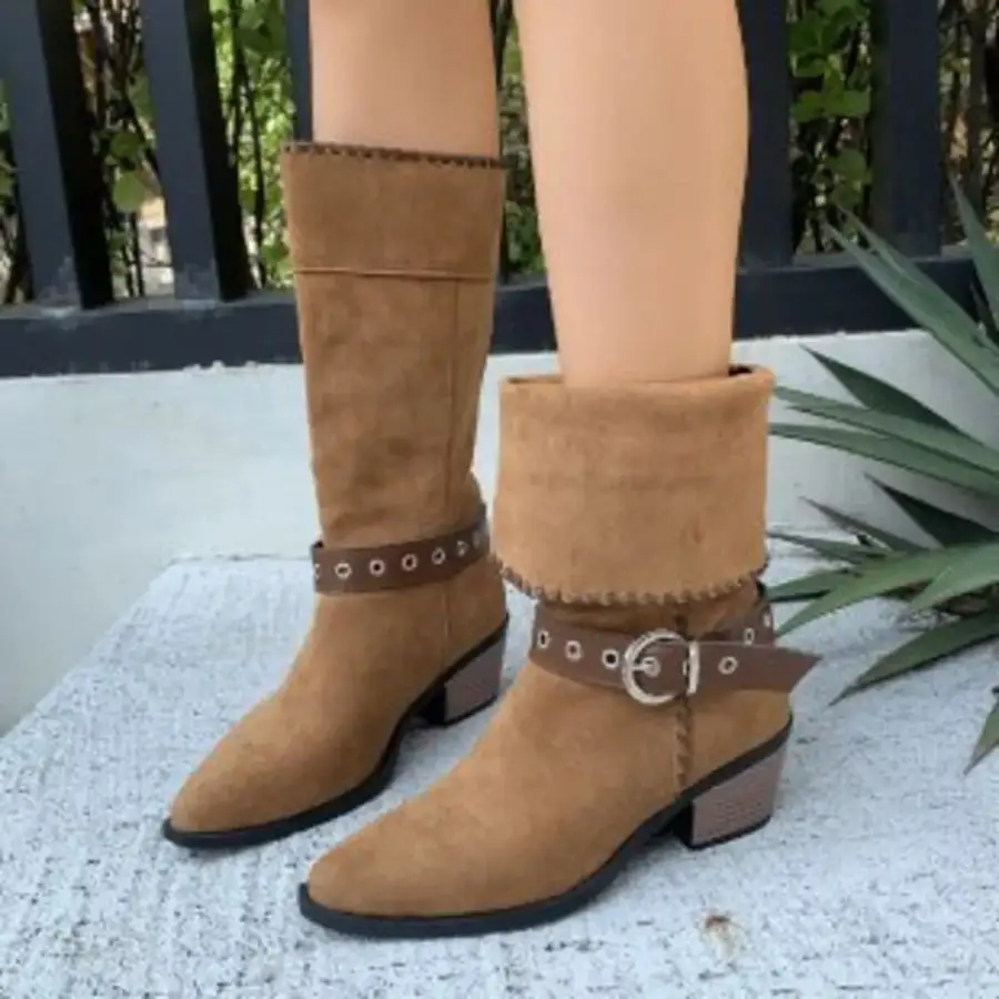 Simple Point Toe Block Heels Boots