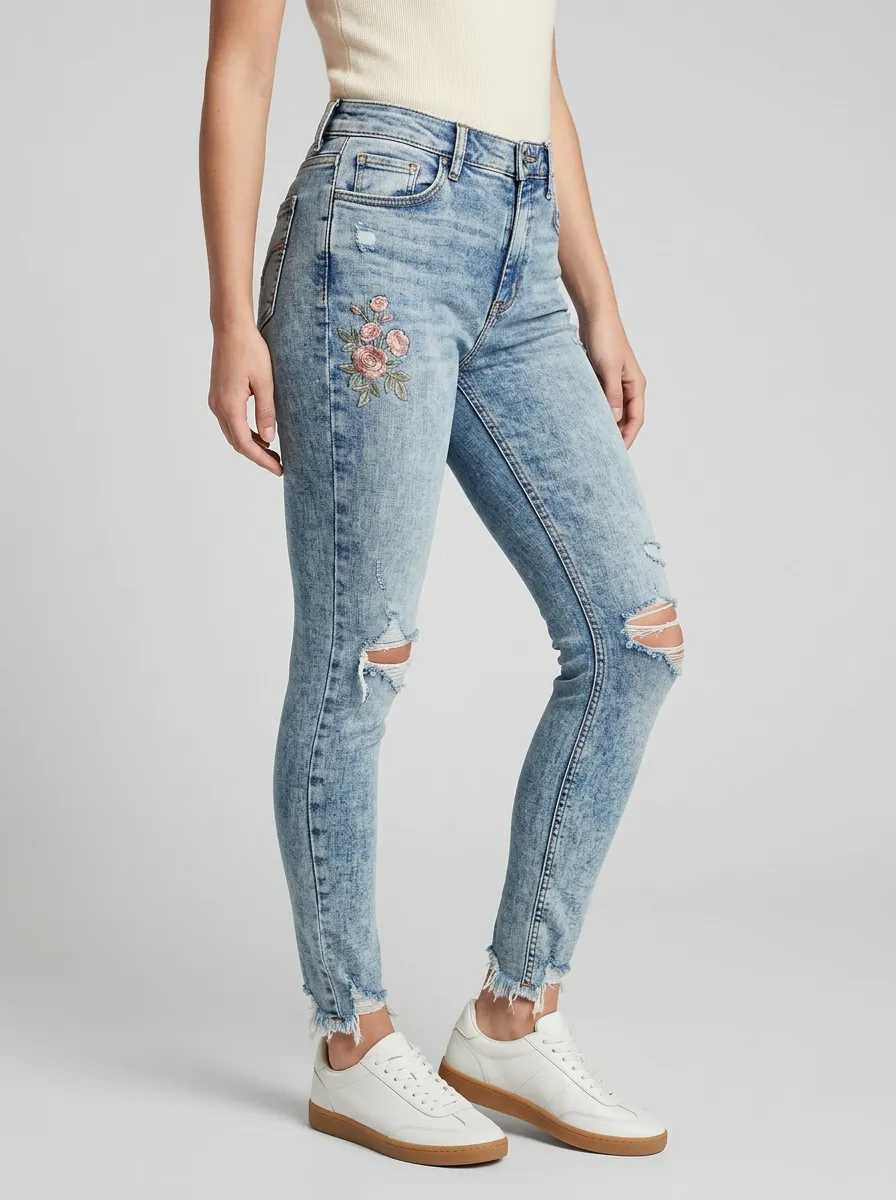 Women's Floral Rose Embroidered Distressed Graphic Slim Jeans