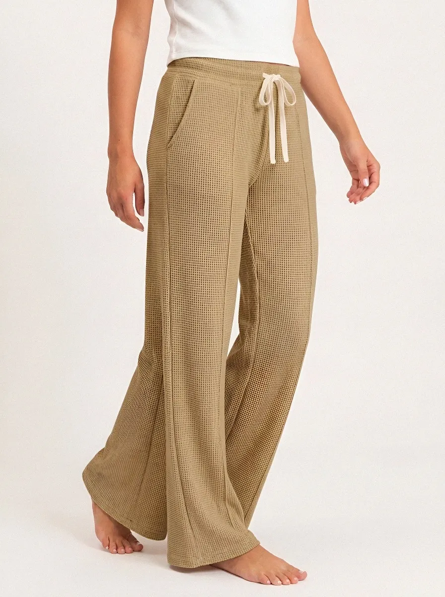 Women's Casual Lounge Waffle Knit Drawstring Wide Leg Pants