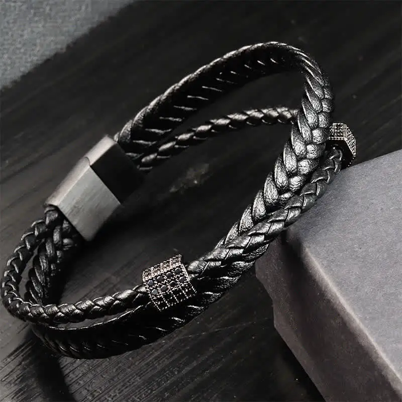 Leather Hand Woven Braided Titanium Steel Multi Bracelet