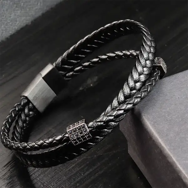 Leather Hand Woven Braided Titanium Steel Multi Bracelet