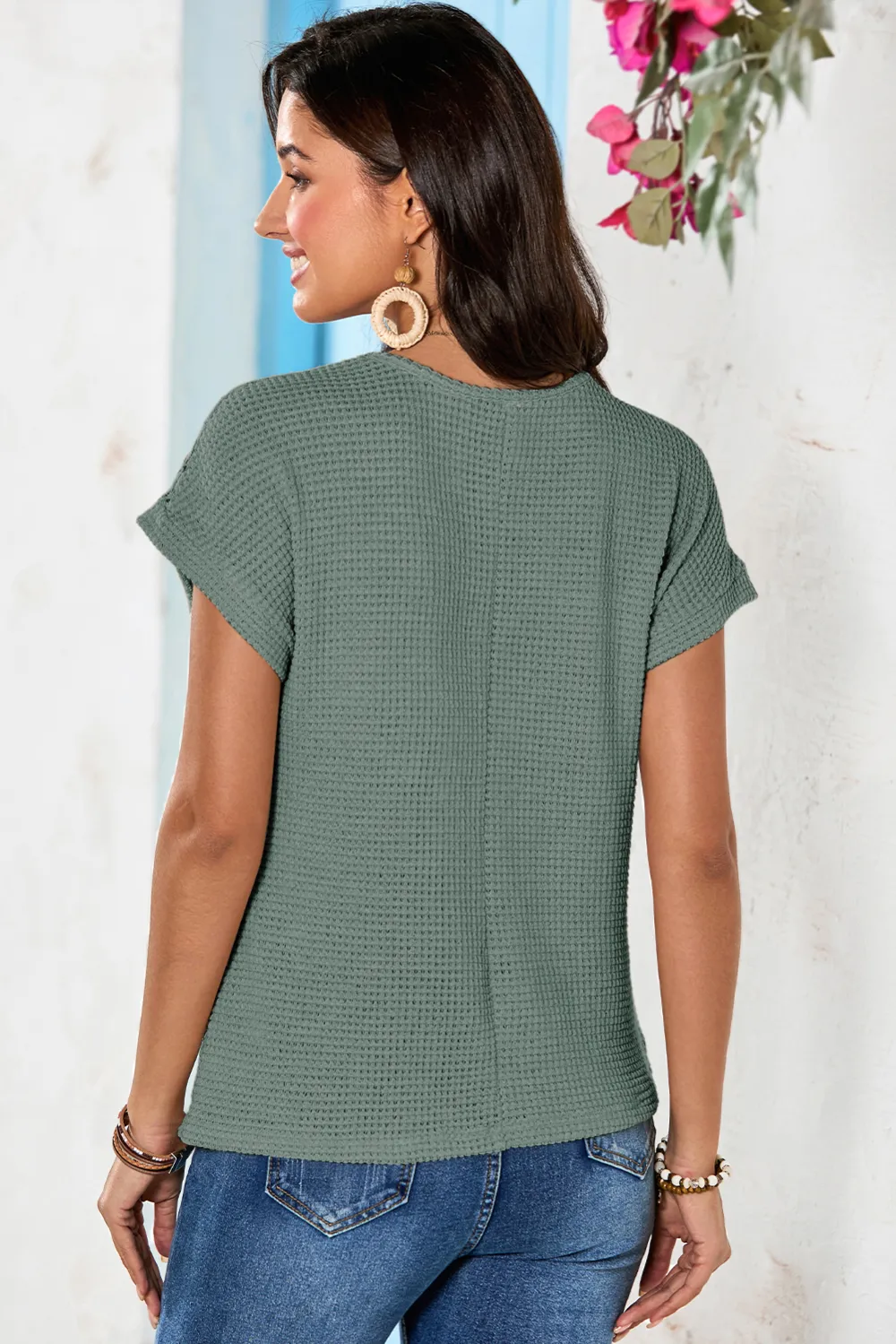 Mist Green Lace Patchwork Waffle Top