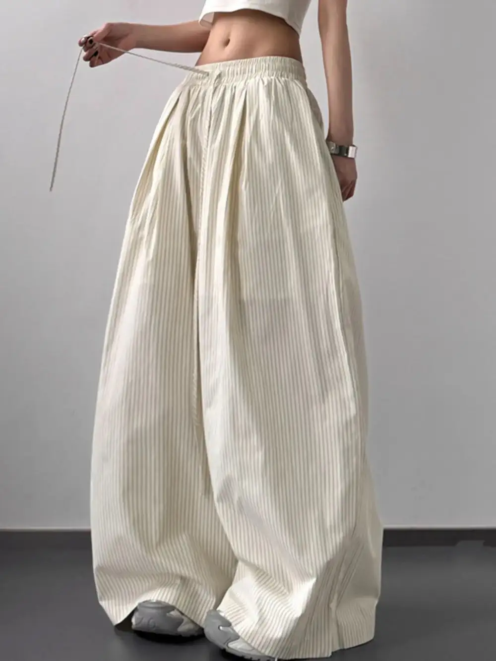 Textured Striped Wide Leg Drawstring Pants