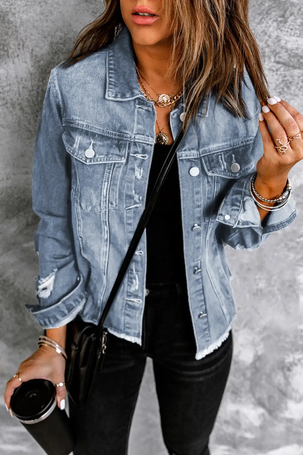 Women's Lapel Distressed Raw Hem Buttons Denim Jacket