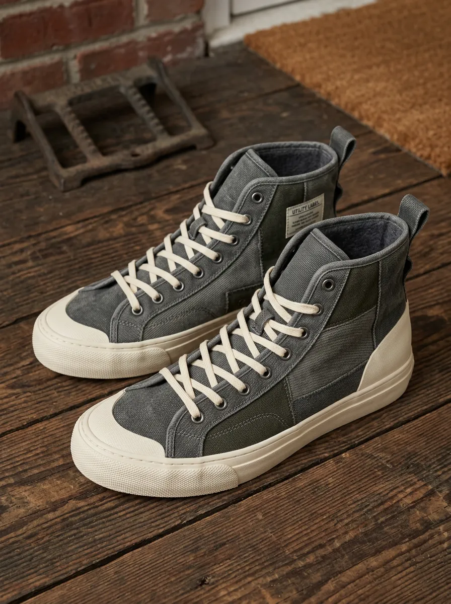Men's Utility Style Grey Canvas High-Top Sneakers