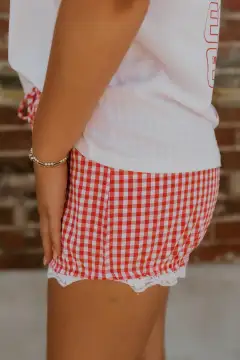Gingham Plaid Tie Elastic Waist Lace Patchwork Hem Casual Shorts