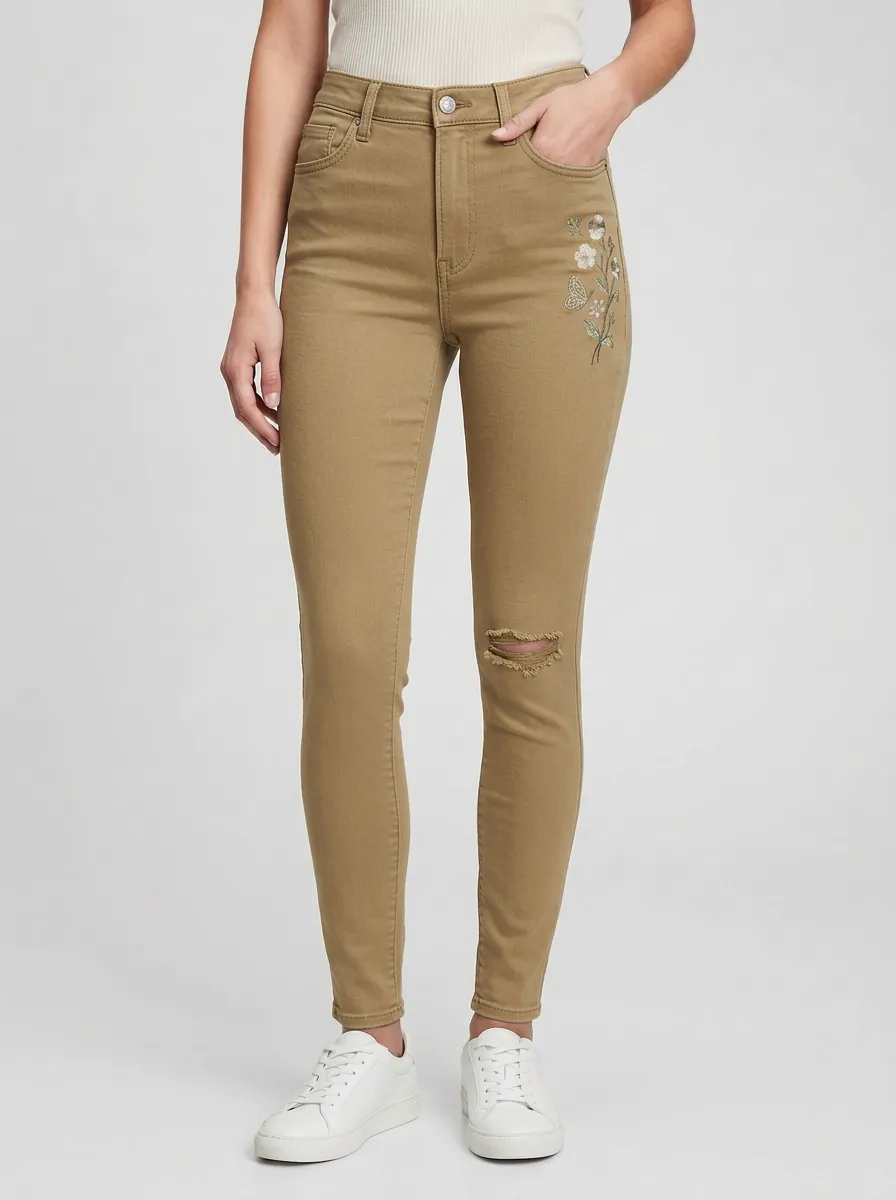 Women's Floral Butterfly Embroidered Distressed Printed Slim Jeans