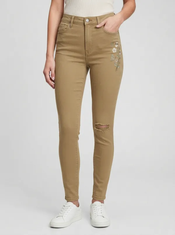 Women's Floral Butterfly Embroidered Distressed Printed Slim Jeans
