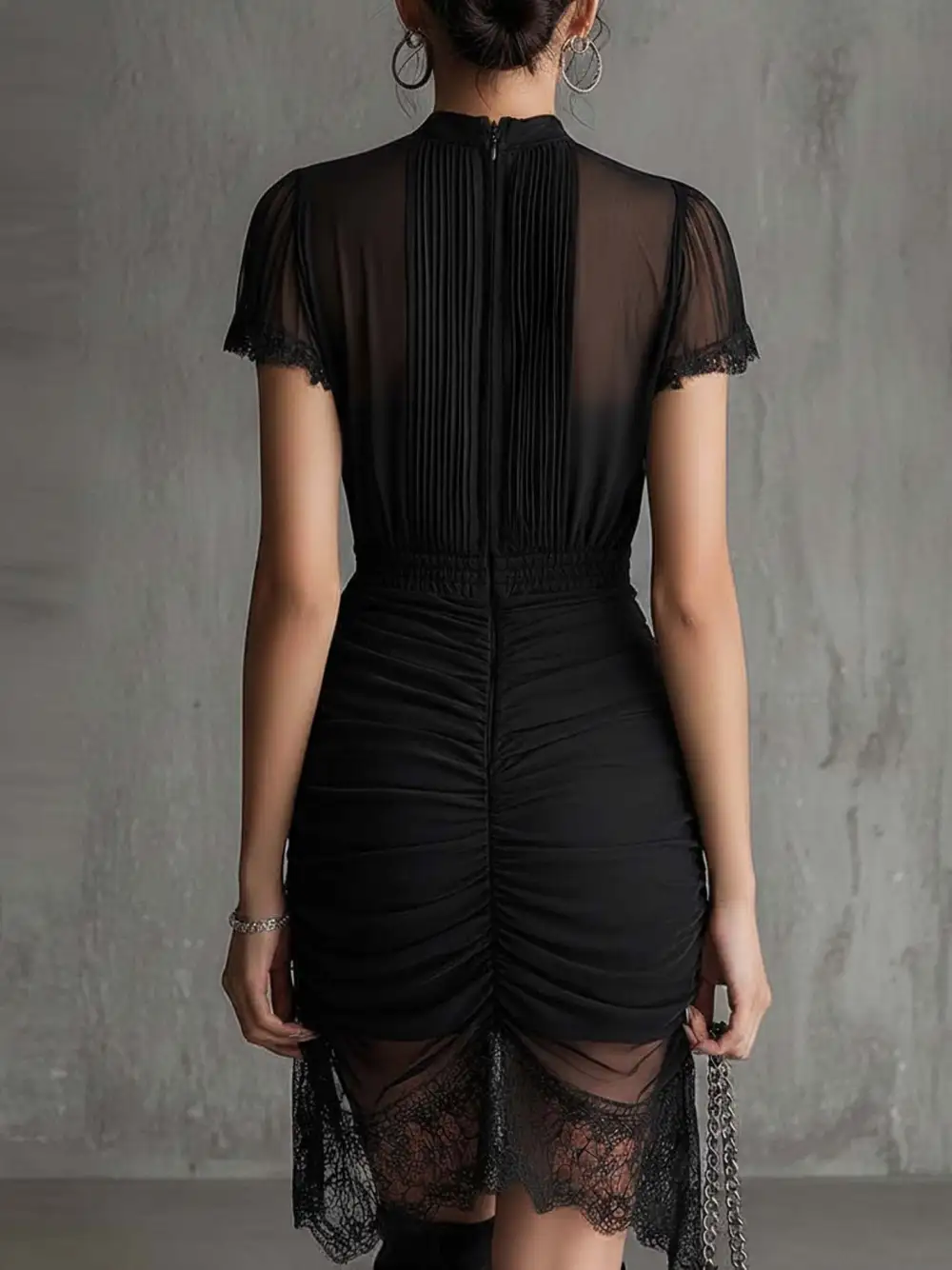 Pleated Lace Trim Mini Dress