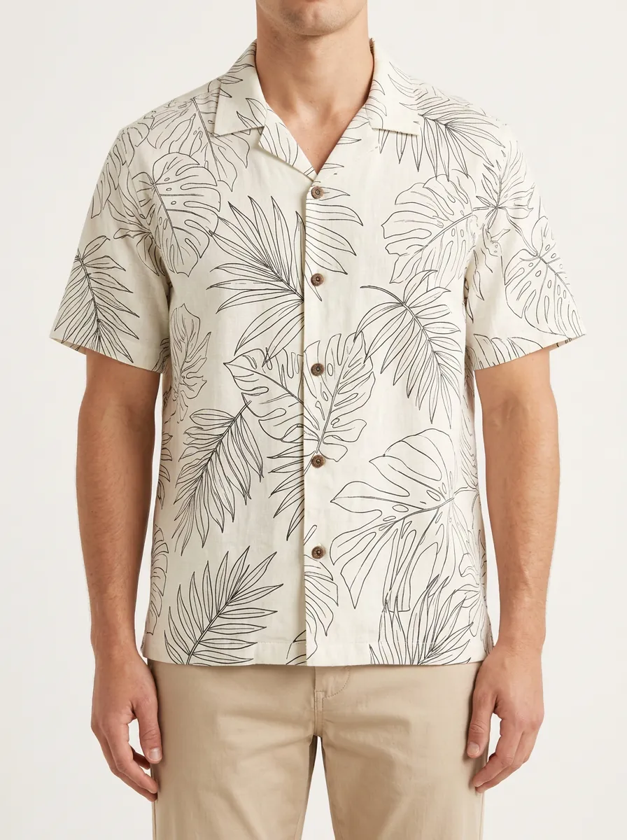 Men's Tropical Leaf Print Camp Collar Shirt with All-Over botanical line-art print on an base