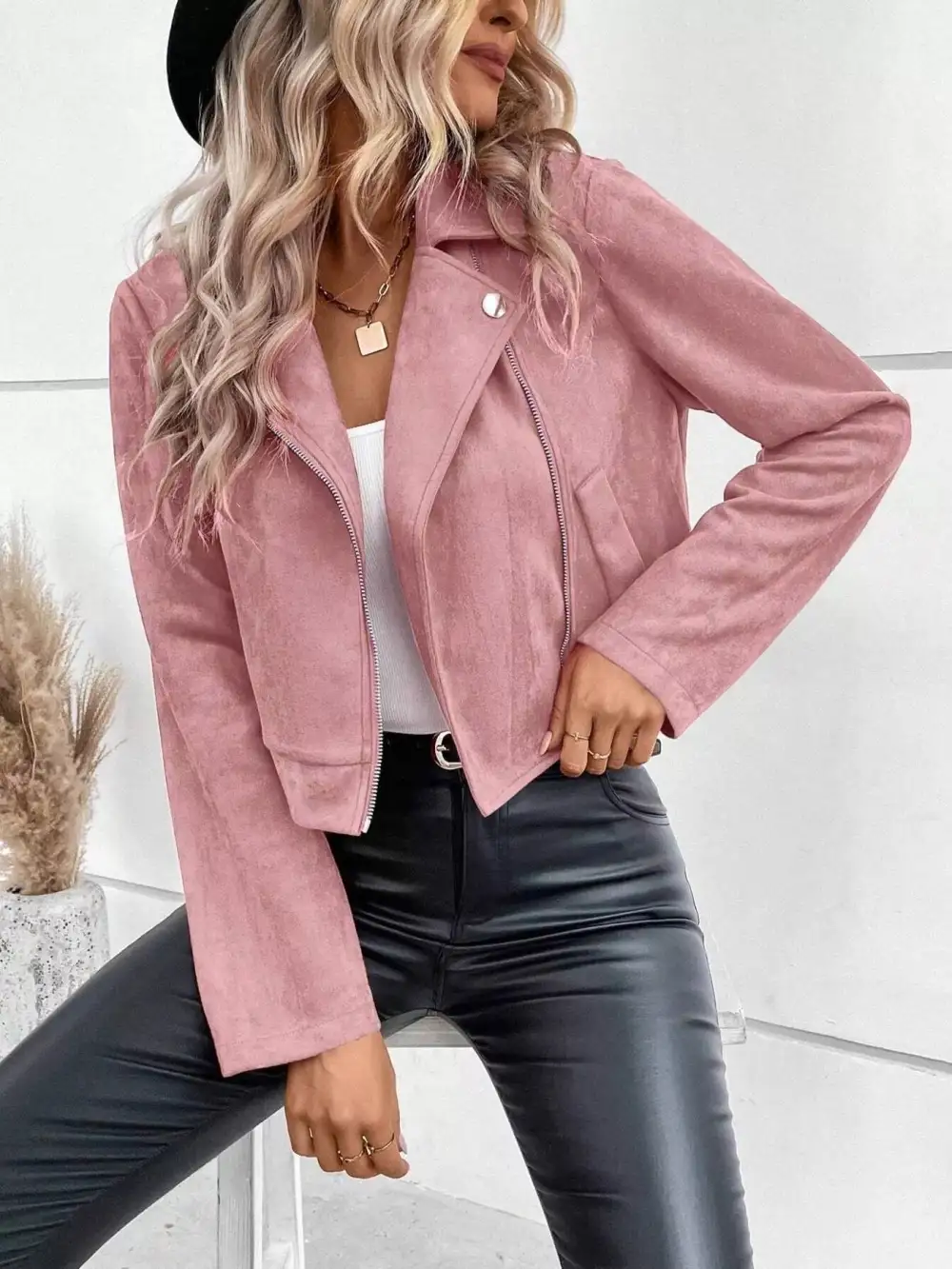 Suede Moto Jacket With Zip Detail