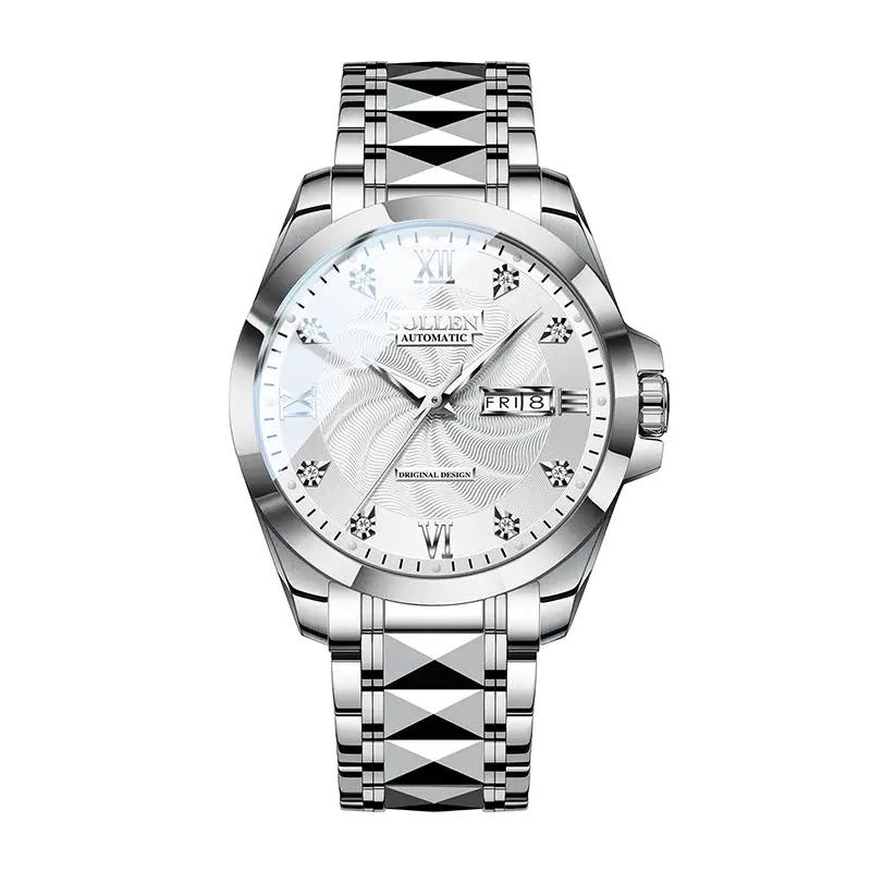 Sollen 9089 Automatic Watch - Men's Dress Citizen 8205 Wavy Dial Day Date Roman Crystal Marker 7-Bead Steel Bracelet Wristwatch