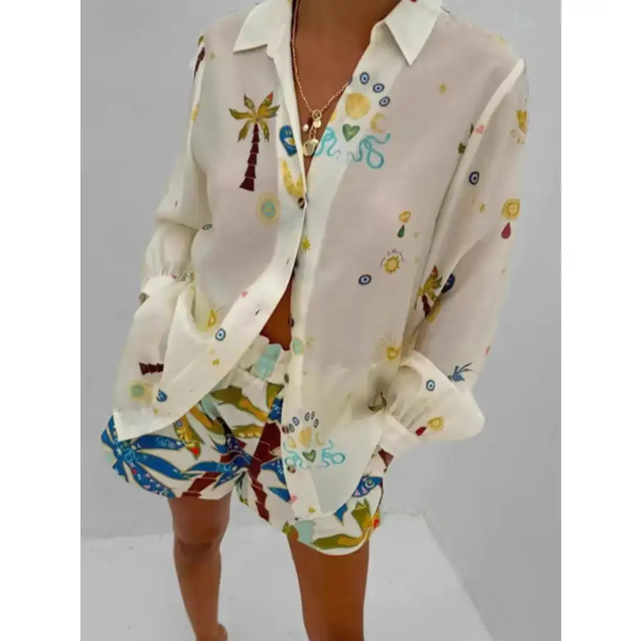 Casual Printed Button Up Shirt and Shorts Set