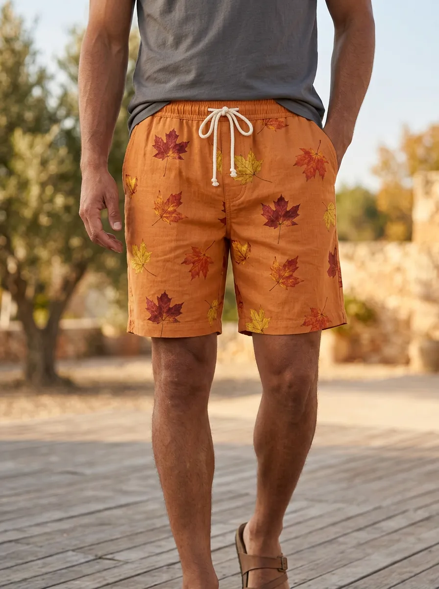 Amber Maple Leaf Print Drawstring Drawstring Shorts