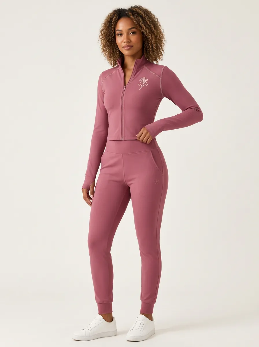 Women's Dusty Rose Line-Art Rose Zip-Up Jacket & Jogger Set